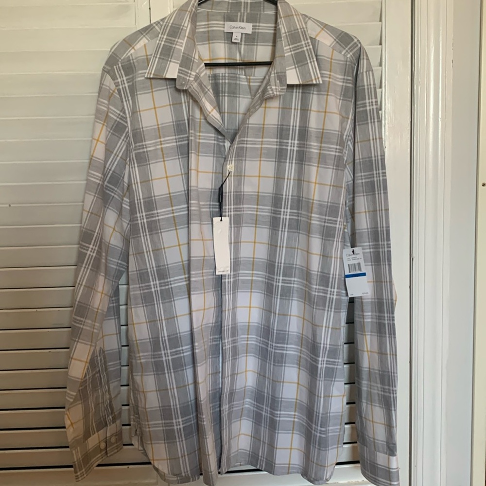Calvin Klein button down 100% Cotton, Light Grey , White and gold plaid